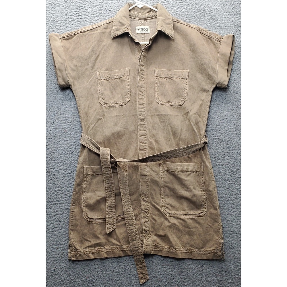 ÉTICA Safari Dress Womens M Brown Collared Tie Waist Patch Pocket Button Front